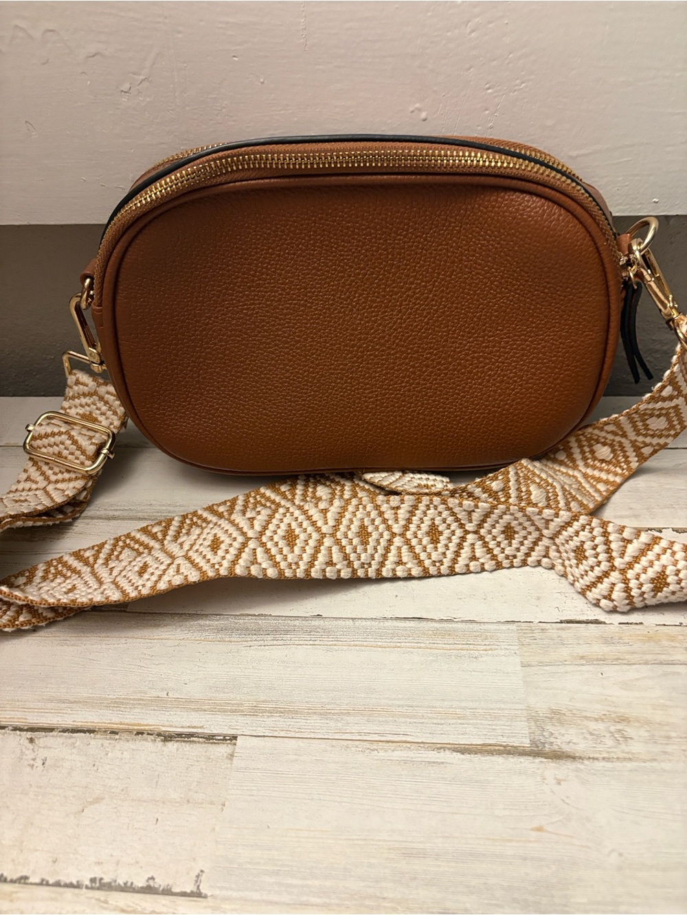 Tan Pebble Leather Crossbody Bag with Patterned Strap Jenn& Co.